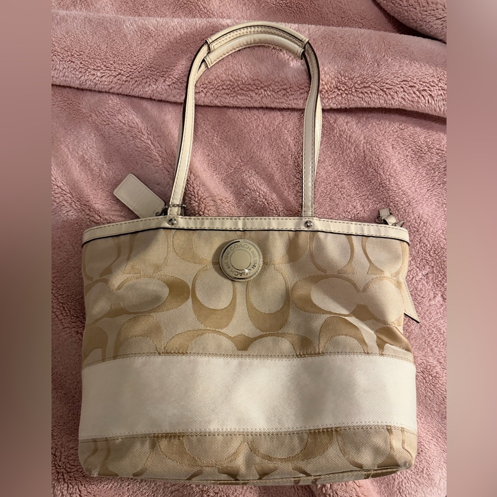 Coach Beige Signature Canvas Tote with Cream Trim